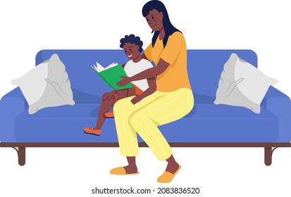 Mother reading book to male toddler semi flat color vector characters. Full body people on white. Spending time together isolated modern cartoon style illustration for graphic design and animation