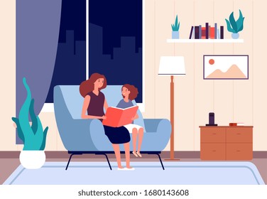 Mother reading book. Mom read bedtime story to her daughter. Night fairytale, happy childhood. Parent, woman and girl in living room vector illustration