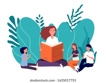 Mother reading book. Smiling woman tells fairytale their cute children. Girl with books sitting with kids vector illustration