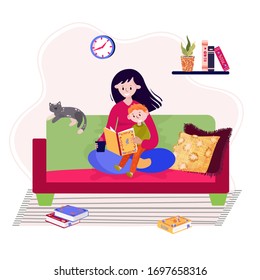 Mother is reading book to son. Young woman is sitting on sofa and reading fairytale to little boy. Mom and kid enjoy family time together. Concept of early  childhood education.