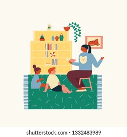 Mother Reading Book Telling Story To Kids Spending Time At Home, Child Girl And Boy Enjoying Listening To Fairy Tale Sitting On The Floor, Family Activity Illustration In Vector. 