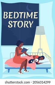 Mother reading to child poster flat vector template. Mom putting kid to bed. Brochure, booklet one page concept design with cartoon characters. Bedtime story flyer, leaflet with copy space