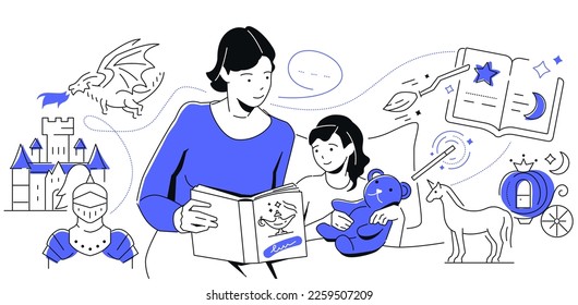 Mother reading daughter a book - modern colorful line design style illustration on white background. High quality composition with happy parent with child looking at pictures in the fairytale