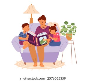 Mother reading fairy tale book to children flat vector illustration isolated on white. Family reading time.
