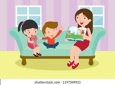 mother reading fairy tales to her son and daughter, family, reading and telling book fairy tale story, Kids Listening to Their mom Tell a Story, Vector Illustration