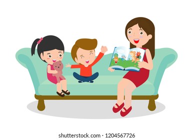 Mother Reading Fairy Tales To Her Son And Daughter, Family, Reading And Telling Book Fairy Tale Story, Kids Listening To Their Mom Tell A Story, Vector Illustration On White Background