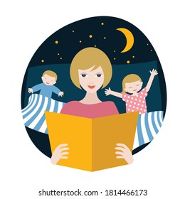 Mother reading fairytale book to her children in the evening. Bedtime. Vector illustration.