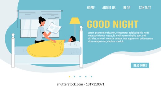 Mother Reading Fairytale Story To Child In Evening. Bedtime. Mom Putting Daughter Into Bed. Family Daily Life Schedule. Relationship, Bonding. Parent Kid Communication. Good Night Landing Page Design