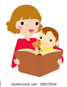 Mother reading her daughter the story. Vector illustration.