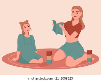 Mother reading an interesting book to her daughter. Mothers day, motherhood. Read more book concept