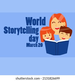 A mother reading a story book to her son and daughter on blue background World Storytelling Day March 20
