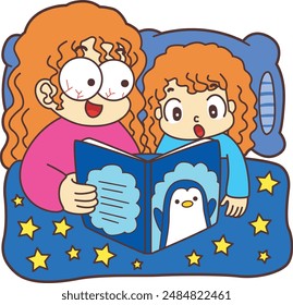 a mother is reading a story book to her daughter before bed.