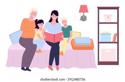 Mother reading a story to children, happy family, fairy tale, vector graphics. Child care, parenting. Mom and grandmother are sitting with son and daughter on the sofa in the room and reading a book