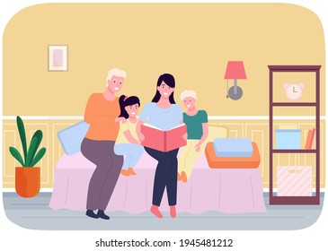 Mother reading story to children, happy family, fairy tale, vector graphics. Child care, parenting