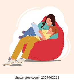 A mother reading a story to her daughter's baby at home. Nanny, caretaker, babysitter with child. Mother and daughter sitting in an armchair. Vector illustration.