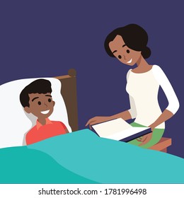 mother reading story for her son before bed