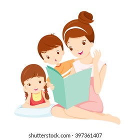 Mother Reading Tale Book To Daughter And Son, Mother's Day, Children, Family, Relaxing 