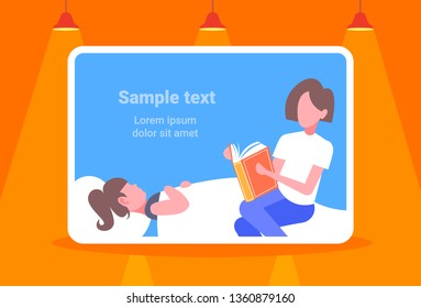 mother reading tale story aloud to daughter lying in bed woman preparing kid for sleep bedtime concept portrait horizontal copy space