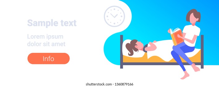 mother reading tale story aloud to daughter lying in bed woman preparing kid for sleep bedtime concept modern bedroom interior full length horizontal copy space