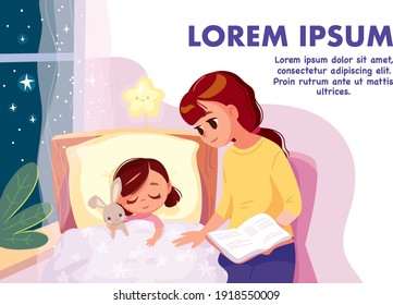 Mother Reads Bedtime Story To Put Her Child To Bed. Baby Girl Sleeping After Reading A Book. Young Mother Reading Tale Story To Her Daughter Sitting Near On The Bed. Mom Tells Story In Bed Room.Vector