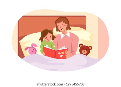 Mother reads bedtime story to put her child to bed. Baby girl sleeping after reading a book. 