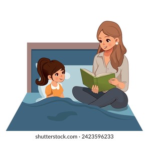 Mother reads bedtime story to put her child to bed. Baby girl sleeping after reading a book. Young mother reading tale story to her daughter sitting near on the bed. Mom tells story in bed room.Vector