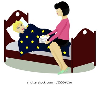 Mother reads book to child before sleeping vector illustration