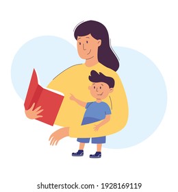 Mother reads a book to her boy child. Mom and son reading or studying  together. Home education, parenting concept. Vector illustration