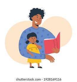 Mother reads a book to her child, african american woman and girl. Mom and daughter reading or studying  together. Home education, parenting concept