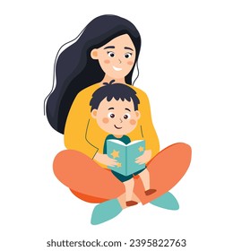 Mother reads a book with her child, teaches to read her son. Flat vector illustration.