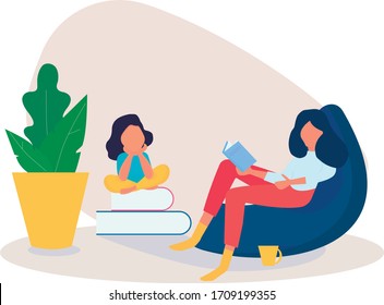 Mother reads a book to her daughter. My daughter is sitting on books. Time with family at home. Training at home. Self-isolation, quarantine due to the coronavirus. Illustration of home activities.