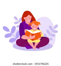 Mother reads a book to her daughter in nature. Plants, leaves. The concept of family, education, upbringing. Vector illustration in flat cartoon style. 