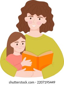 Mother reads a book to her daughter. Time with family at home. A girl sitting on a woman's lap, reading a book together. Illustration of home activities.