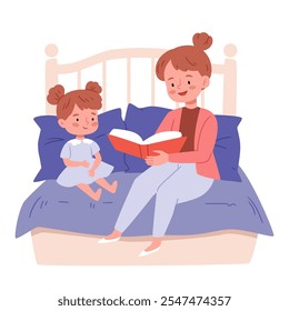 Uma mãe lê um livro para sua filha antes de ir para a cama. Mãe contando conto de fadas sua menina pequena. Personagens de desenhos animados adoráveis isolados sobre fundo branco