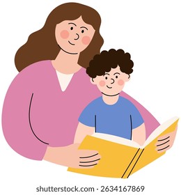 Mother reads a book to her son. Time with family at home.  A little boy sitting on his mom’s lap as they read together. llustration of home activities.