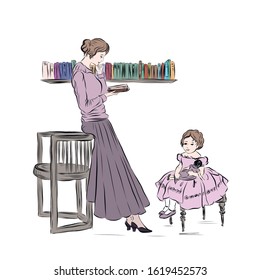 Mother reads book leaning on chair to her daughter who sitting on sofa and holding doll. Ladies in vintage style from the nineteenth century. 