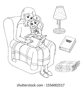Mother reads a fairy tale to her daughter. Vector illustration. Mother reading a book to her child for the night. Black and white vector illustration for coloring book.