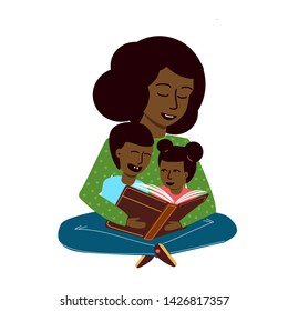 Mother reads fairy tales to children before going to bed. Beautiful black young woman and her kids. Daughter and son. Spending time with family. Cartoon vector illustration.
