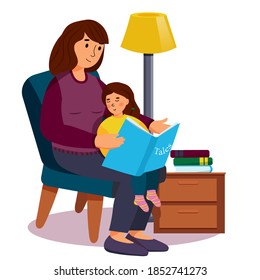 Mother reads fairy  tales to her little daughter. Vector illustration