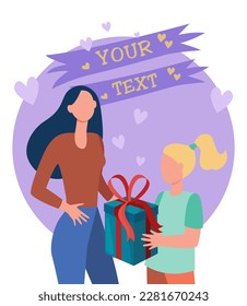 Mother receiving gifts from kid vector illustration. Happy daughter giving presents to woman, celebrating holiday together. Mothers day, family, flowers, attention concept