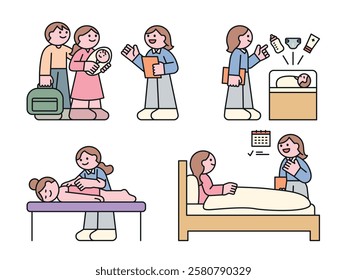 A mother is receiving various postpartum care services. Illustration showing guidance from a manager.