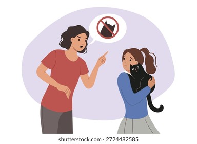 Mother refuses to get cat, standing near daughter who wants take black kitten into house. Woman speaks out against having pet in apartment because of allergic to cat fur or does not like animals.