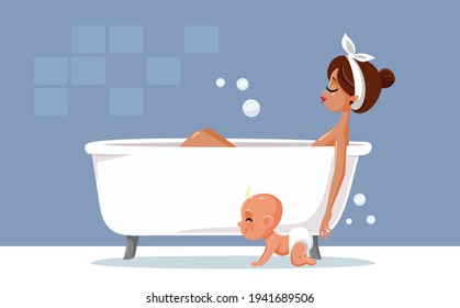 Mother Relaxing Taking a Bath Vector Illustration. Baby crawling following mom in the bathroom 
