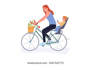 Mother rides bicycle with little son and enjoys opportunity for summer recreation in fresh air. Bicycle with place for baby behind driver, for young mothers leading active lifestyle