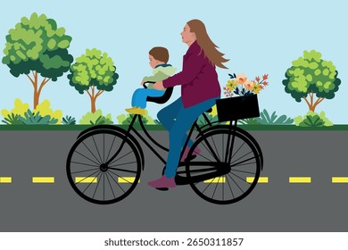 Mother Riding Bicycle with Child Outdoors on a Sunny Day