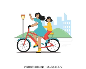 Mother is riding a bicycle with her daughter, enjoying in the city park. Character design. Flat vector illustration