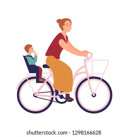 Mother riding bike with baby in seat. Cute smiling young woman on bicycle with her child. Pedaling female bicyclist isolated on white background. Active parenting. Flat cartoon vector illustration.