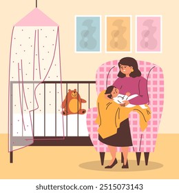 Mother rocks a sleeping baby in her arms, sings a lullaby. Mom spends time with her child before bedtime. Children's room with a crib, canopy, toy. Time for rest, sleep. Evening. Vector illustration.