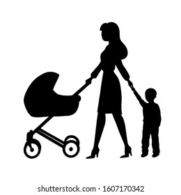 Mother rolls the baby in the stroller for a walk. Silhouette on a white background