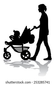 Mother rolls the baby in the stroller for a walk 